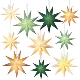 Riakrum 10 Set Christmas 3D Paper Star Lantern Sage Green Hanging Paper Lanterns Lampshade 24 Inch 12 Inch 9 Pointed Paper Star Lantern with Light String for Xmas Wedding Birthday Party Decor