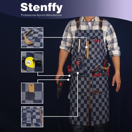 Stenffy Work Apron, Canvas, Adjustable Weight, Tool Aprons with Multiple Pockets, Adjustable Zipper, Metal Ring, Tape Measure Clip for Men Women 27In*36In,Checkered