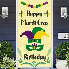 Happy Mardi Gras Masquerade Masks Purple Green Gold Banner Happy Birthday Backdrop Crown Theme Decor Decorations for Mardi Gras Party Carnival New Orleans Party Birthday Party Supplies Background