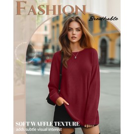 Velvelhall Womens Long Sleeve Shirts Oversized Waffle Knit Cotton Tunic Tops Casual Crewneck Long Shirts Wear with Leggings(Wine Red,Medium)