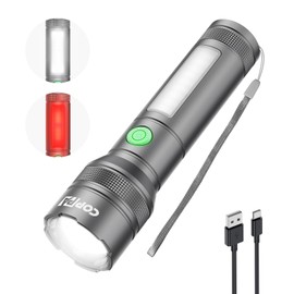 COPPA SD-5305 LED Flashlight, Aluminum Alloy, Red Light Mode, High Brightness Hand Light, Powerful 6 Modes Dimming, Side Light, Zoom Adjustment, Red Strobe, Aluminum, Durable, Drop Impact