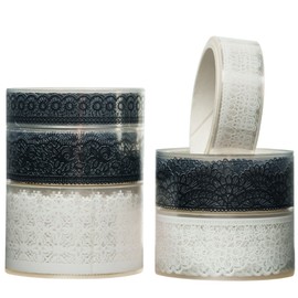 KAVI' S 6 Rolls Lace Pattern Washi Tape Set, PET Masking Tape, Decorative Tape for Scrapbooking, Gift Wrapping, Holiday Decoration (Black and White)
