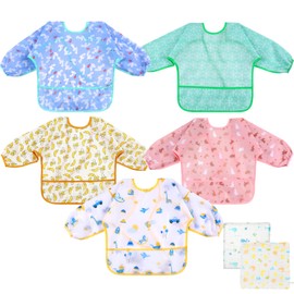 Lictin Baby Feeding Bibs with Sleeves - 5pcs Feeding Bibs Apron Waterproof, Baby Bibs with Long Sleeves, Weaning Bibs for Unisex Toddler (0-2 Years)