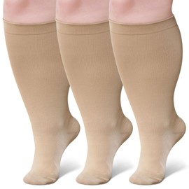 Wide Calf Compression Socks: Plus Size Compression Stockings for Men Women - Extra Large 20-30 mmHg Compression Hose Support for Travel Nurses Running Pregnancy 3 Pairs 6XL Beige