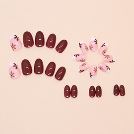 Walnut Brown Press on Nails Almond Fake Nails with Glue Glossy Flower False Nails Cute White Nails Press on Acrylic Nails Pretty French Tip Glue on Nails Medium Length Neutral Stick on Nails for Women