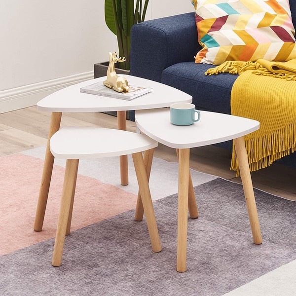 panana Triangle Nest of 3 Tables, Modern Coffee table Tea End Table Wooden Side Table with Sturdy Legs Living Room Lounge funiture (White)