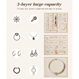 Yivaiks Bling white Jewelry Box Organizer with Glass Lid, Crystal Rhinestone 3-Layer Storage, with 2 Drawers, Charm Design， 8 x 9.1 x 5.3 Inches