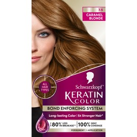 Schwarzkopf Keratin Permanent Hair Dye Cream, 7.5 Caramel Blonde, Professional Quality Color for Up to 100% Gray Coverage, Bond Enforcing System