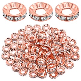 100pcs 10 mm Rhinestone Rondelle Spacer Beads Large Hole Round Crystal Loose Beads Craft Supplies for DIY European Bracelet Jewelry Making Decor, Rose Golden