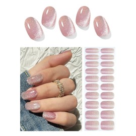 Wahrshei Semi Cured Gel Nail Strips, Nude Cat Eye Gradient 20pcs UV Gel Nails Sticker
