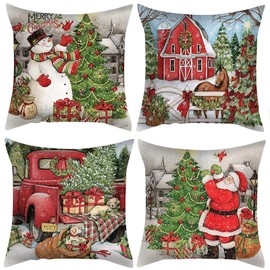 Irayin Christmas Pillow Covers 18x18 Inch Set of 4 Snowman Santa Claus Throw Pillow Covers Christmas Decorations Winter Holiday Decor Linen Pillowcase Cushion Case for Sofa Couch Home Decor