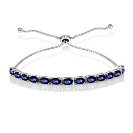 B. BRILLIANT Sterling Silver 5x3mm Created Blue Sapphire Oval-Cut Bolo Pull-string Adjustable Tennis Bracelet