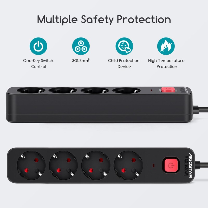Aigostar 4-Way Power Strip with Switch, Multiple Socket with Child