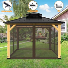 12-ft x 12-ft Gazebo Netting,Gazebo Replacement Mosquito Netting,Universal 4-Panel Mesh Screen Walls with Zippers(Only Netting)-Brown