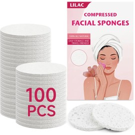 LILAC 100 Esponjas Faciales Comprimidas 100% Celulosa Natural Ecológicas Para Maquillaje, Limpieza Suave, Exfoliación Y Eliminación De Maquillaje Resistente. Ideales Para Viajes. Para Mujeres(Redondas