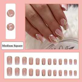 BAOYAALIN Ombre Nude White Press on Nails Medium Square Fake Nails with Glitter Swirl Design Full Cover Press ons Artificial Acrylic False Stick on Nail for Women Girls Daily Wear Wedding 24Pcs