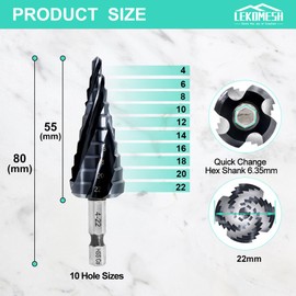 LEKOMESH Cobalt Step Drill Bit - 4-22mm Four Spiral Flute Step Drill Bit M35 with Impact Ready Unibit for Stainless Steel Metal Aluminium Copper Wood Plastic