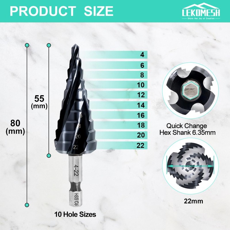 LEKOMESH Cobalt Step Drill Bit - 4-22mm Four Spiral Flute