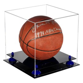 Better Display Cases Clear Acrylic Full Size Basketball Display Case with Navy Blue Risers and Black Base (B01/A001)
