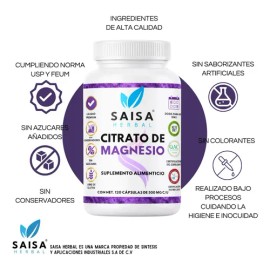 Citrato De Magnesio | 120 Cápsulas De 500 Mg C/u. | Suplemento Alimenticio | Alta biodisponibilidad | Saisa Herbal | Apoyo del sueño, energía, vitalid