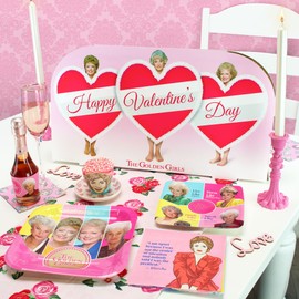 Golden Girls Valentines Day Centerpiece, Novelty Party Decoration with Rose (Betty White), Dorothy and Blanche each Behind a Large Red Heart, Party Supplies for Galentines Day Celebration Decor