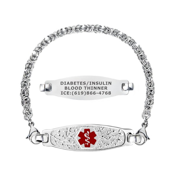 Divoti Custom Engraved Medical Alert Bracelets for Women, Stainless Steel Medical Bracelet, Medical ID Bracelet w/Free Engraving – Beautiful Olive Tag w/Handmade Byzantine-Red-7.0"