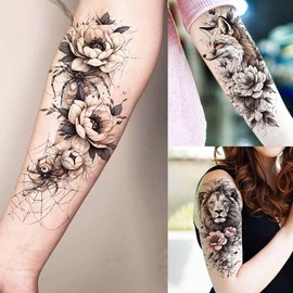 75 Sheets Black Realistic 3D Rose Flowers Temporary Tattoos For Women Girls Adults, Guadalupe Lotus Snake Peony Florals Blossom Fake Tattoo Stickers Forearm Lion Fox Spider Web Skull Lotus Virgin Mary