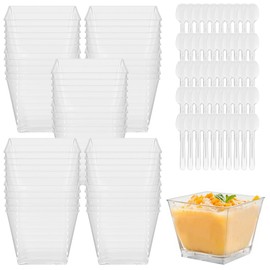 DUBUOZA Pack of 50 Plastic Dessert Glasses, 120 ml Dessert Cups, Plastic, Reusable, Desert Cups, Clear, Dessert Cup for Desserts, Ice Cream, Pudding and Family Parties, Birthday Parties
