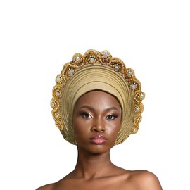 JRZXTWL Classic African Head Wrap Auto Gele Headties Women's Turban Hats Beading Wedding Nigerian Fashion Headbands (gold, standard)