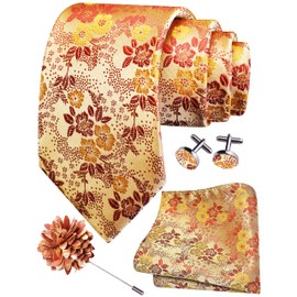 GUSLESON Light Orange Tie for Men Burgundy Yellow Floral Wedding Necktie Pocket Square Cufflinks and Lapel Pin Brooch Set (6107-13)