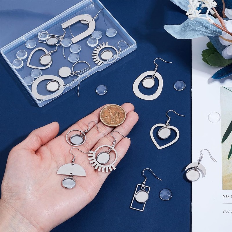 UNICRAFTALE 16pcs 8 Styles Stainless Steel Earrings Bezel Blanks Hooks