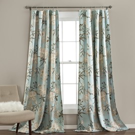 Lush Decor Botanical Garden Curtains Floral Bird Print Light Filtering Window Panel Drapes Set for Living, Dining, Bedroom (Pair), Blue, 52"W x 84L"