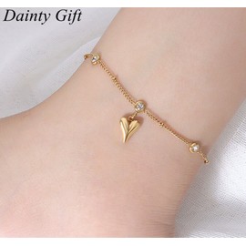 DAINTY Women /Girl Titanium Stainless Steel CZ Gold Heart Anklet Foot Bracelet 7.7-9.7"