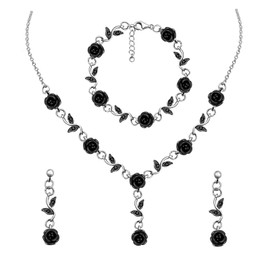 yomlry 3Pcs Black Rose Jewelry Silver and Black Jewelry Set for Women Dangle Black Rose Earrings Black Jewelry Set Flower Necklace Prom Jewelry Sets for Women Bride Wedding black rose