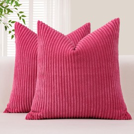Sungeek Set of 2 Corduroy Striped Soft Cushion Covers Boho Solid Farmhouse Throw Pillow Covers Decorative Lumbar Pillowcases for Sofa Couch Bedroom 45x45cm, Hot Pink