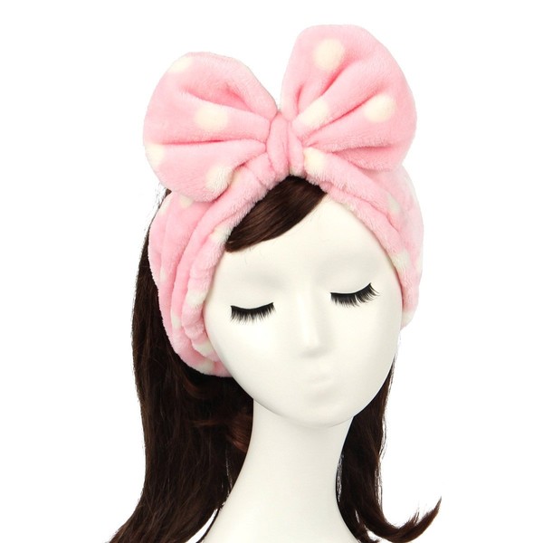 Shintop Women Fashion Lovely Soft Carol Fleece Bowknot Bow Makeup Cosmetic Shower Elastic Hair Band Hairlace Headband (Pink Polka dots)