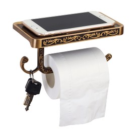 SDH Antique Brass Toilet Paper Holder with Shelf Space, Aluminum Wall Mount Toilet Tissue Holder with Cell Phone Storage and Hook -Bathroom Toilet Paper Holder Vintage Style & Rustproof