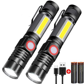 Rechargeable Flashlight, Spriak Magnetic Flashlights with Clip (Included Battery), Side Work Light, Bright, Zoomable Pocket EDC Flashlight for Camping, Hiking, Home Power Outage, 2 Pack