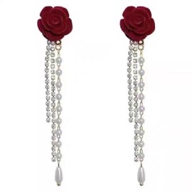 Wendalern Long Tassel Flower Earrings Rhinestone Pearl Chain Dangle Fabric Rose Flower Earrings Crystal Tennis Chain Fringe Chandelier Earrings Camellia Pearl Drop Earrings Jewellery for Women Girls,