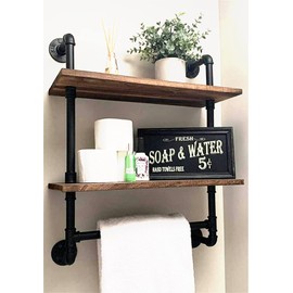 LoftPaipes Industrial Pipe Bathroom Shelf,Rustic Wood Wall Mount Shelf with Towel Bar,24" Black Matte Towel Racks,2 Tiered Metal Floating Shelves Shelving Iron Towel Holder