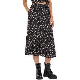 Tommy Jeans Women's Floral Ruffle Midi Length Skirt, Black (Spring Floral), XL, black