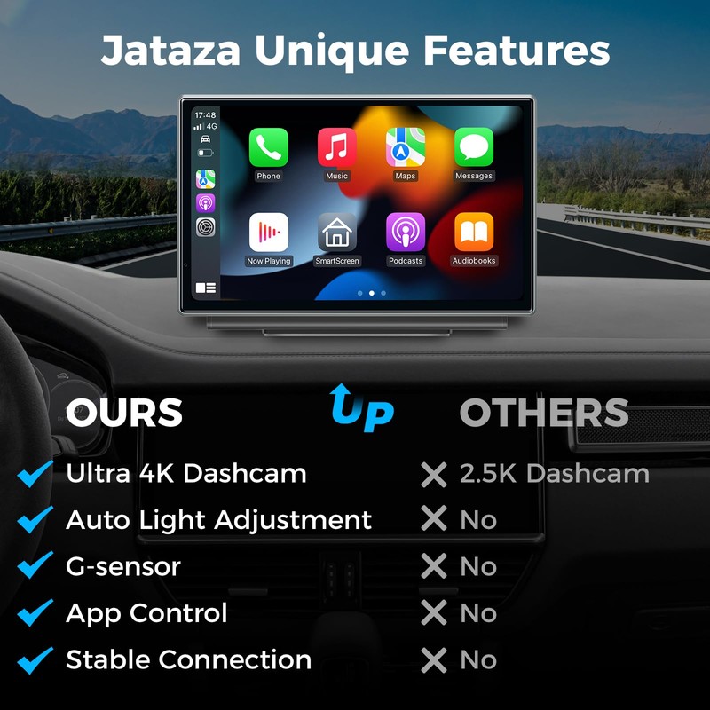 JATAZA 7" Wireless Apple CarPlay Android Auto Screen for Car