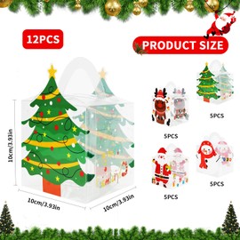 Bekecidi 12 PCS Christmas Party Favour Gift Boxes, Clear Christmas Candy Boxes Santa Claus Snowman Xmas Treat Boxes for Cupcake Sweet Cookie Christmas Eve Box Gift Packaging for Kids Party Favor Bags
