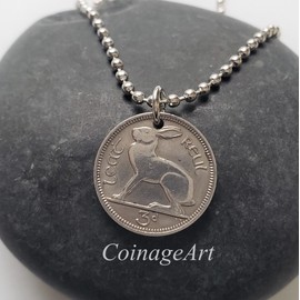 CoinageArt -Celtic Necklace -Irish 3 Pence Rabbit Coin Necklace 3 Pence Coin from Ireland on Silver Tone Adjustable Ball Chain -Celtic Jewelry 5084 A