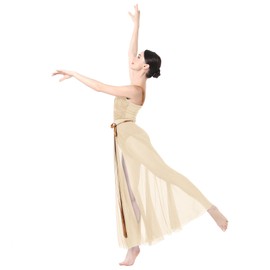AFAVOM Lyrical Dance Costume for Women Adult Contemporary Dance Dress Lyrical Dancewear Sleeveless Ballet Leotard Bodysuit + Flowy Tulle Long Sheer Wrap Skirt 2PCS Lyrical Dance Outfit Champagne S