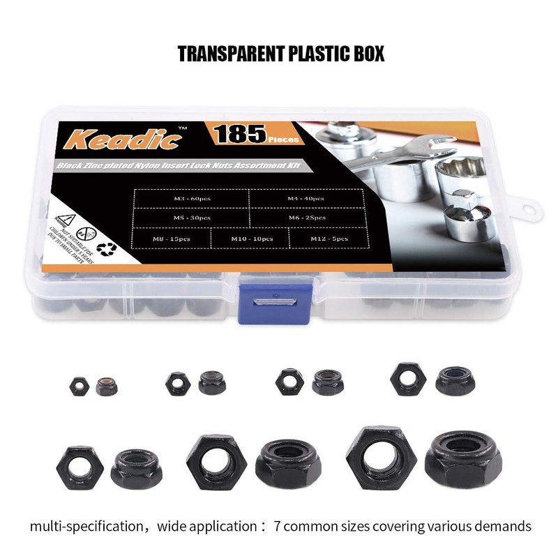 Keadic 185 Pieces Metric Black Zinc Plated Nylon Insert Lock