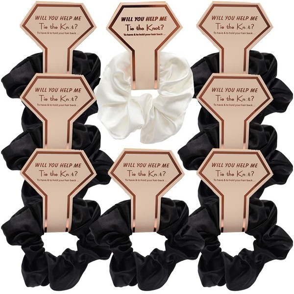 Bridesmaid Scrunchie 8pcs Satin Bridesmaid Proposal Gifts Hair Ties for Bridesmaid Gifts, Bridal Shower Gifts or Wedding Favors (Black And White)