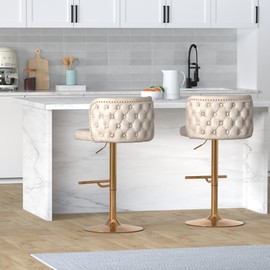 Betoko PU Swivel Counter Height Stools Set of 2 Faux Leather Upholstered Bar Stool Adjustable Bar Height Kitchen Island Stool Chairs Button Tufted with Gold Metal Legs (Grey Beige)