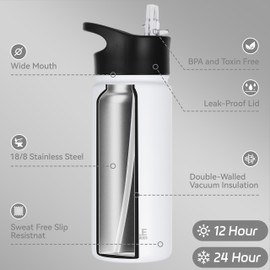 HASLE OUTFITTERS Insulated Water Bottle Kids 16 oz Double Wall Vacuum Stainless Steel Water Bottle Leak Proof for School Wide Mouth with Straw Lid & Spout Lid Keeps Cold and Hot(White,1pack)