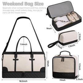 ETRONIK Weekender Overnight Bag for Women, Large Travel Duffle Bag with Shoe Compartment & Wet Pocket, Carry On Tote Bag Gym Duffel Bag with Toiletry Bag, 3 Pcs Set, XL Size, Beige&Black